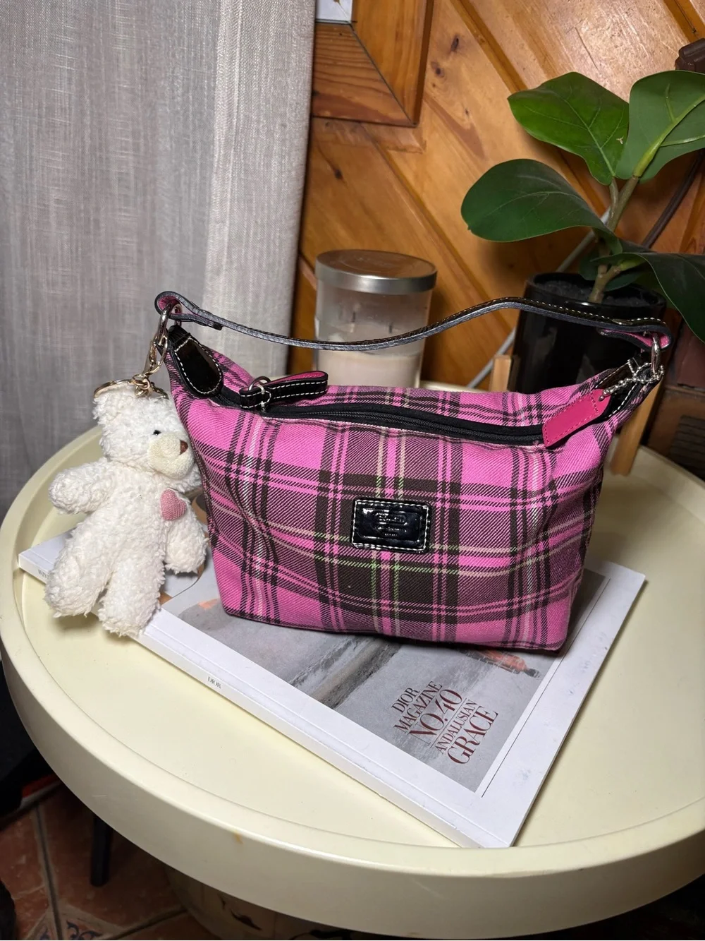 Coach Pink Plaid Mini Shoulder Bag with Teddy Charm